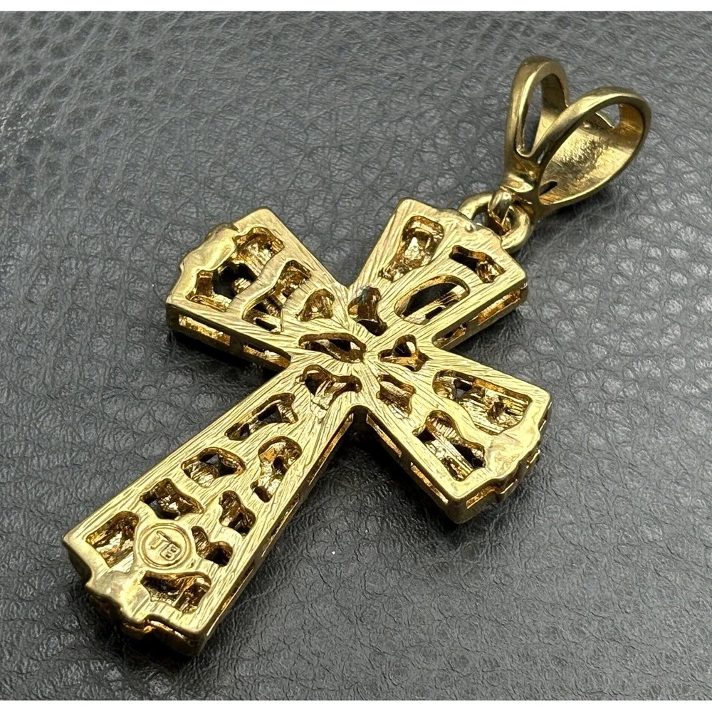 HUGE Gold Tone Crucifix Cross Pendant Jesus Clear Rhinestone Religious Jewelry